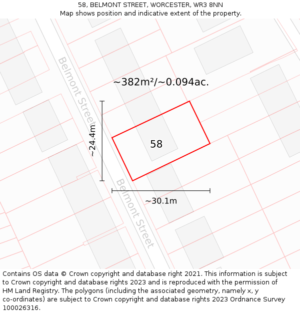 58, BELMONT STREET, WORCESTER, WR3 8NN: Plot and title map