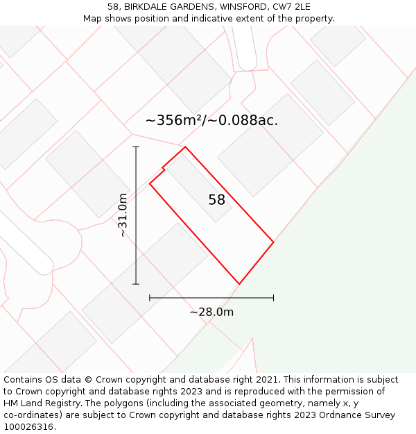 58, BIRKDALE GARDENS, WINSFORD, CW7 2LE: Plot and title map