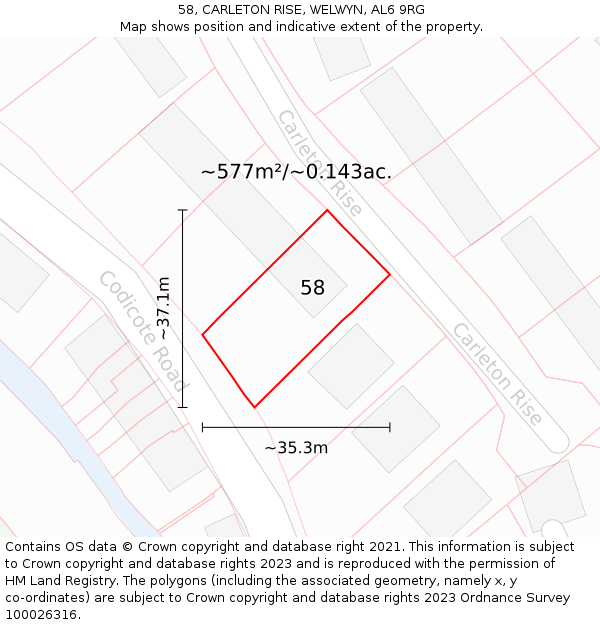 58, CARLETON RISE, WELWYN, AL6 9RG: Plot and title map