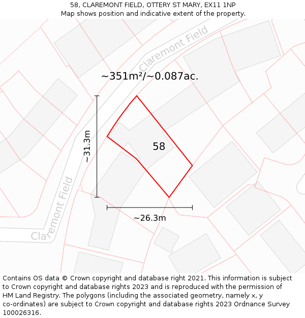 58, CLAREMONT FIELD, OTTERY ST MARY, EX11 1NP: Plot and title map