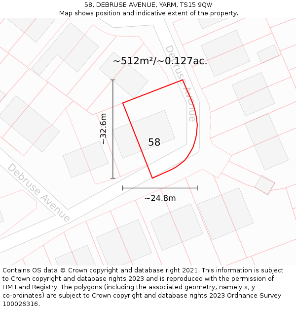 58, DEBRUSE AVENUE, YARM, TS15 9QW: Plot and title map