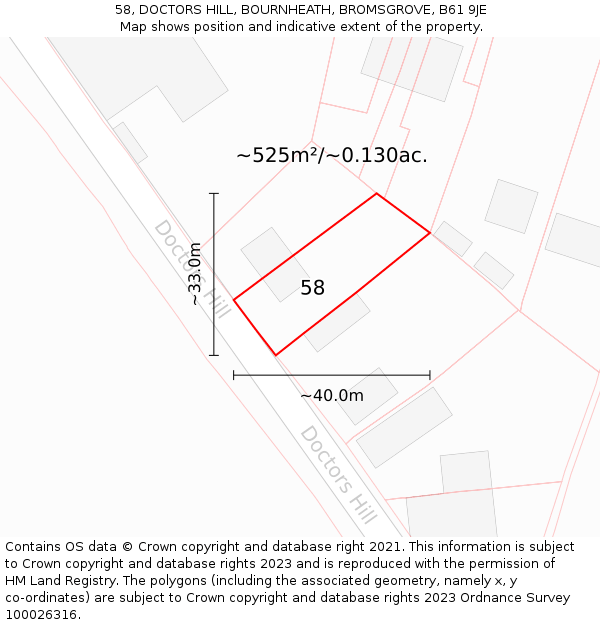 58, DOCTORS HILL, BOURNHEATH, BROMSGROVE, B61 9JE: Plot and title map