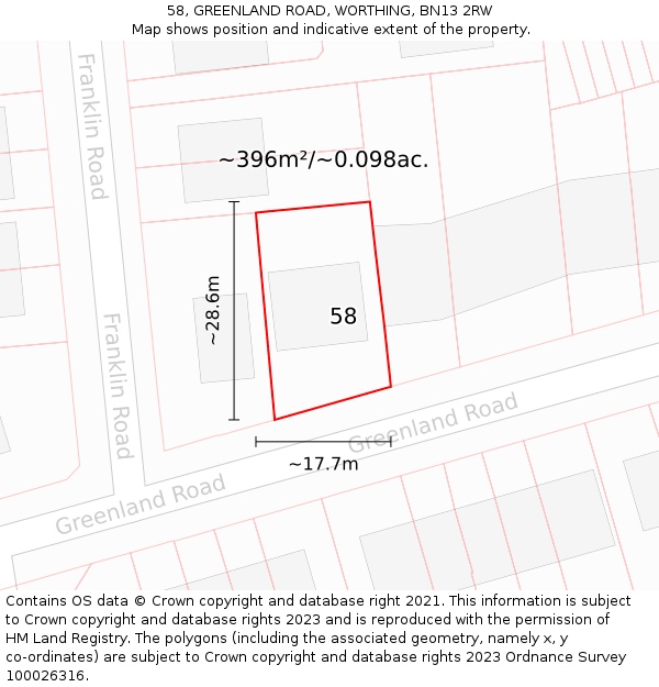 58, GREENLAND ROAD, WORTHING, BN13 2RW: Plot and title map