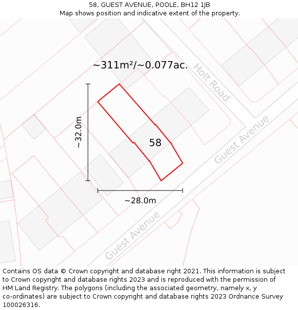 58, GUEST AVENUE, POOLE, BH12 1JB: Plot and title map