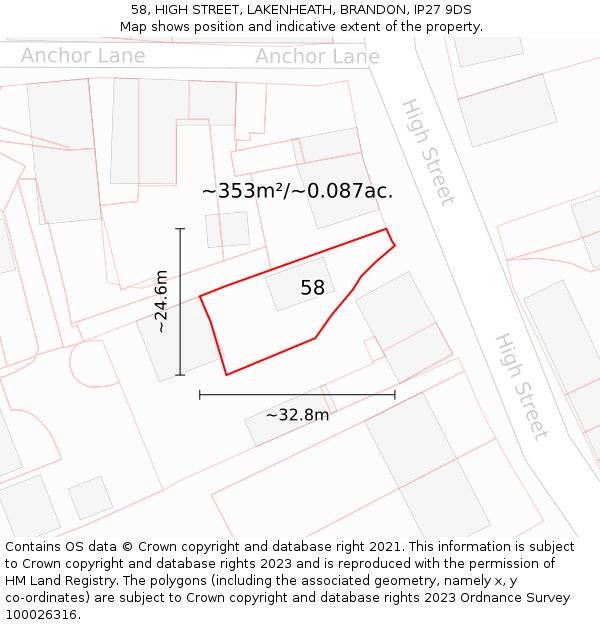 58, HIGH STREET, LAKENHEATH, BRANDON, IP27 9DS: Plot and title map