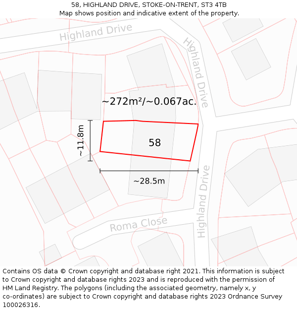 58, HIGHLAND DRIVE, STOKE-ON-TRENT, ST3 4TB: Plot and title map