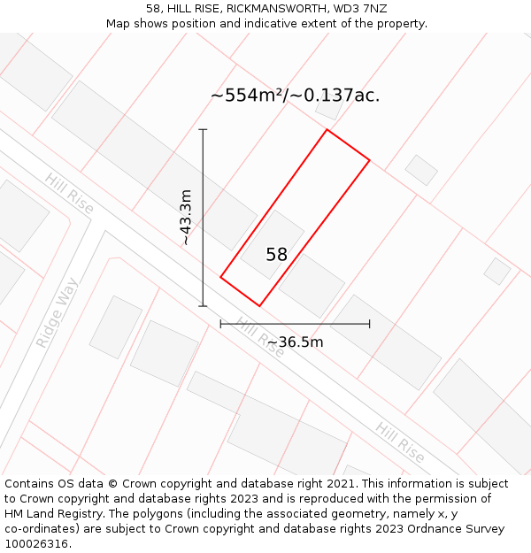 58, HILL RISE, RICKMANSWORTH, WD3 7NZ: Plot and title map