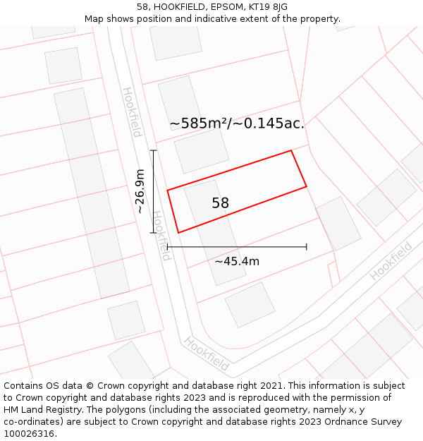 58, HOOKFIELD, EPSOM, KT19 8JG: Plot and title map