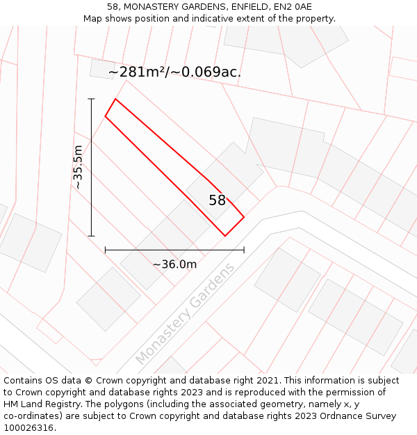 58, MONASTERY GARDENS, ENFIELD, EN2 0AE: Plot and title map