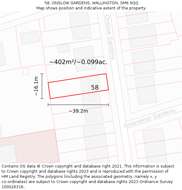 58, ONSLOW GARDENS, WALLINGTON, SM6 9QQ: Plot and title map