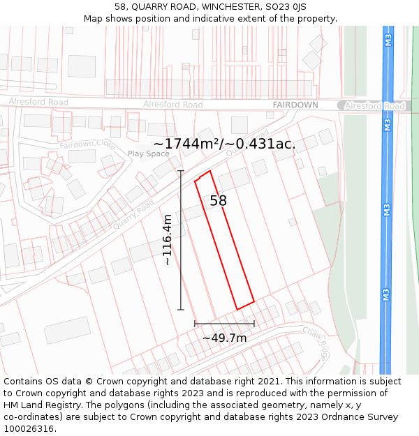 58, QUARRY ROAD, WINCHESTER, SO23 0JS: Plot and title map