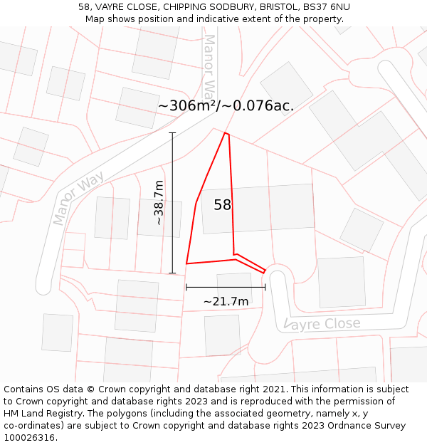 58, VAYRE CLOSE, CHIPPING SODBURY, BRISTOL, BS37 6NU: Plot and title map