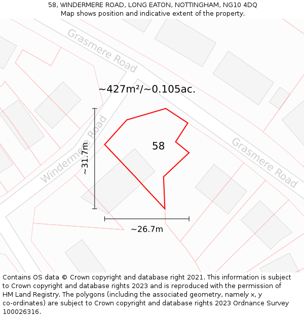 58, WINDERMERE ROAD, LONG EATON, NOTTINGHAM, NG10 4DQ: Plot and title map