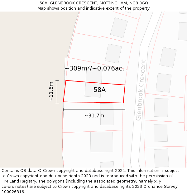 58A, GLENBROOK CRESCENT, NOTTINGHAM, NG8 3GQ: Plot and title map