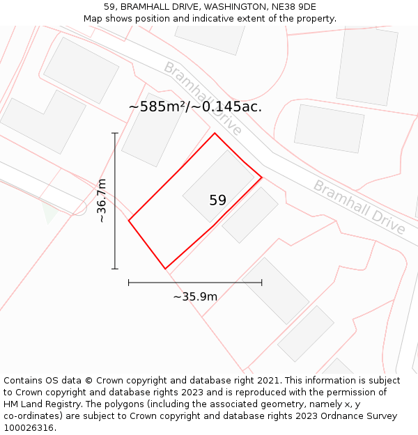 59, BRAMHALL DRIVE, WASHINGTON, NE38 9DE: Plot and title map