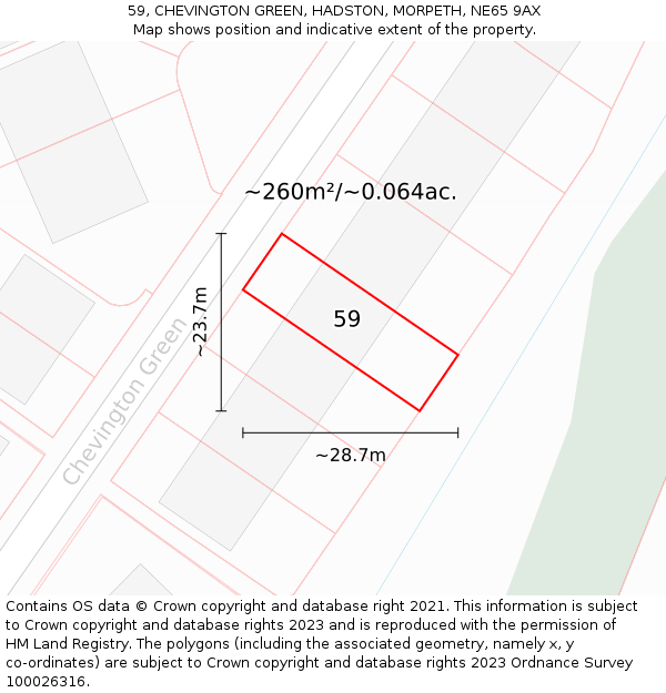 59, CHEVINGTON GREEN, HADSTON, MORPETH, NE65 9AX: Plot and title map