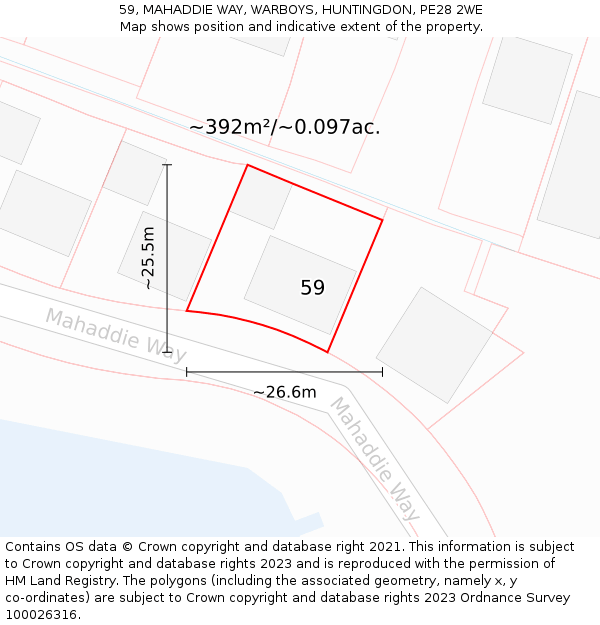 59, MAHADDIE WAY, WARBOYS, HUNTINGDON, PE28 2WE: Plot and title map