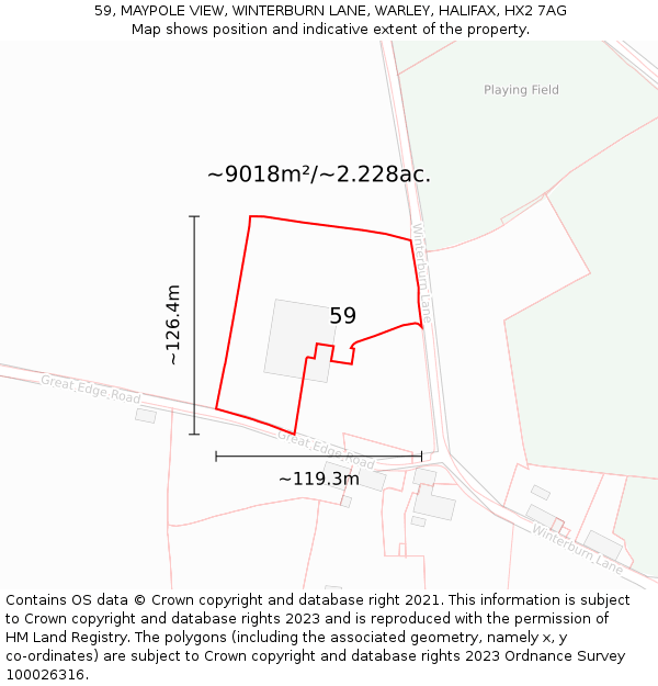 59, MAYPOLE VIEW, WINTERBURN LANE, WARLEY, HALIFAX, HX2 7AG: Plot and title map