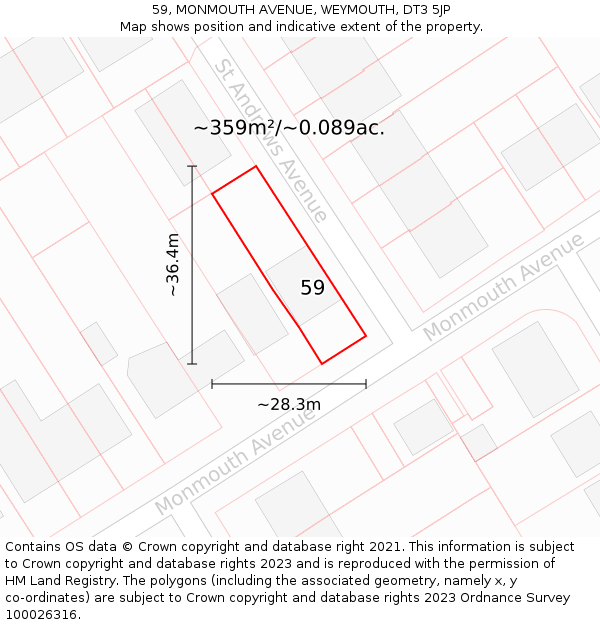 59, MONMOUTH AVENUE, WEYMOUTH, DT3 5JP: Plot and title map