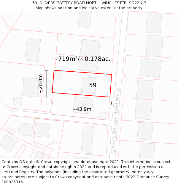 59, OLIVERS BATTERY ROAD NORTH, WINCHESTER, SO22 4JB: Plot and title map