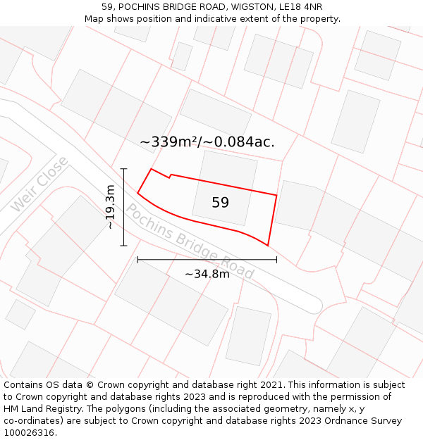 59, POCHINS BRIDGE ROAD, WIGSTON, LE18 4NR: Plot and title map