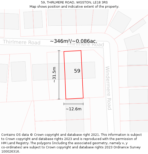 59, THIRLMERE ROAD, WIGSTON, LE18 3RS: Plot and title map