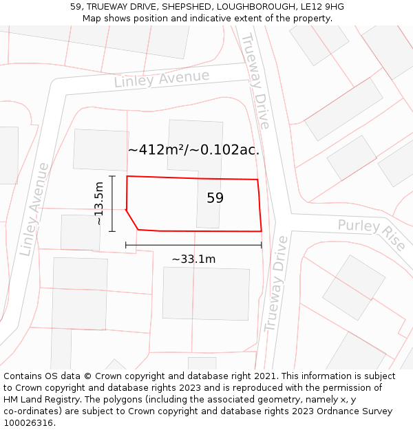 59, TRUEWAY DRIVE, SHEPSHED, LOUGHBOROUGH, LE12 9HG: Plot and title map