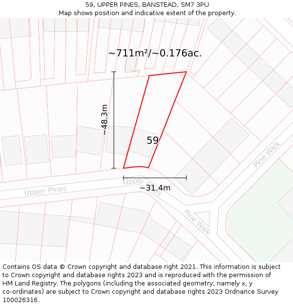 59, UPPER PINES, BANSTEAD, SM7 3PU: Plot and title map