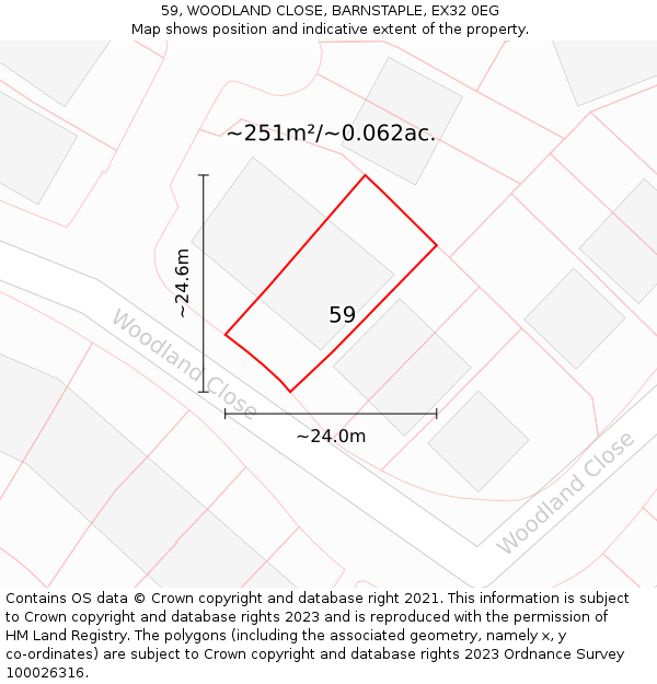 59, WOODLAND CLOSE, BARNSTAPLE, EX32 0EG: Plot and title map