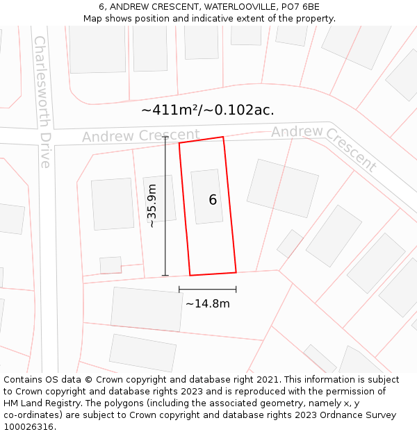 6, ANDREW CRESCENT, WATERLOOVILLE, PO7 6BE: Plot and title map