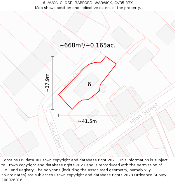 6, AVON CLOSE, BARFORD, WARWICK, CV35 8BX: Plot and title map