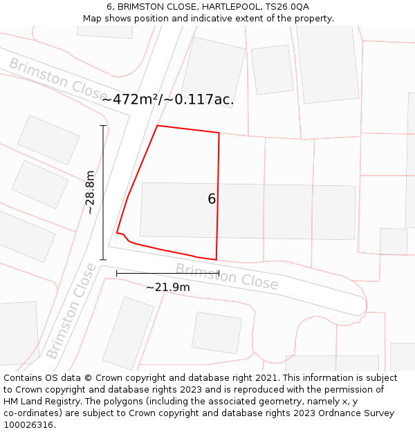 6, BRIMSTON CLOSE, HARTLEPOOL, TS26 0QA: Plot and title map