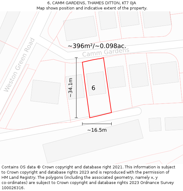 6, CAMM GARDENS, THAMES DITTON, KT7 0JA: Plot and title map