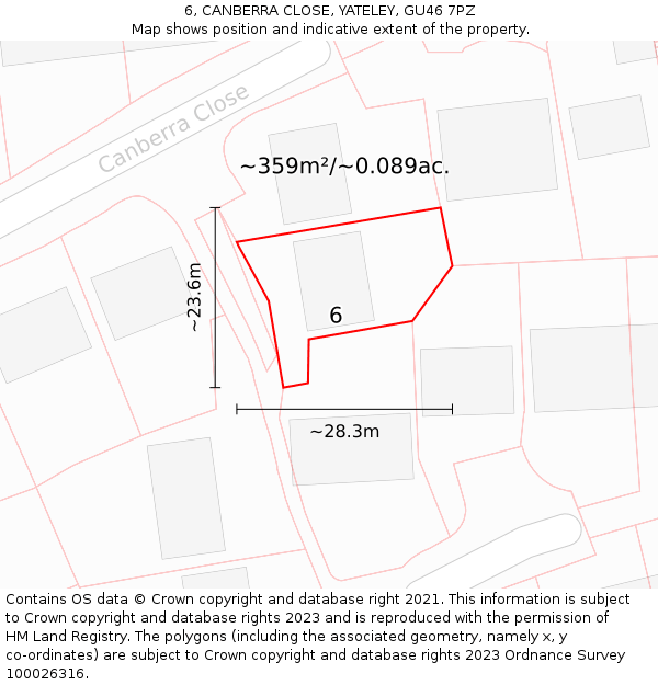 6, CANBERRA CLOSE, YATELEY, GU46 7PZ: Plot and title map