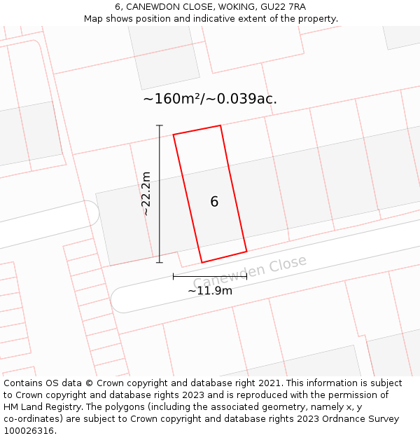 6, CANEWDON CLOSE, WOKING, GU22 7RA: Plot and title map