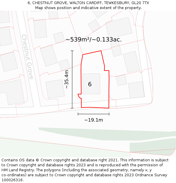 6, CHESTNUT GROVE, WALTON CARDIFF, TEWKESBURY, GL20 7TX: Plot and title map