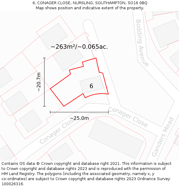 6, CONAGER CLOSE, NURSLING, SOUTHAMPTON, SO16 0BQ: Plot and title map