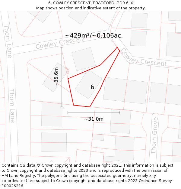 6, COWLEY CRESCENT, BRADFORD, BD9 6LX: Plot and title map