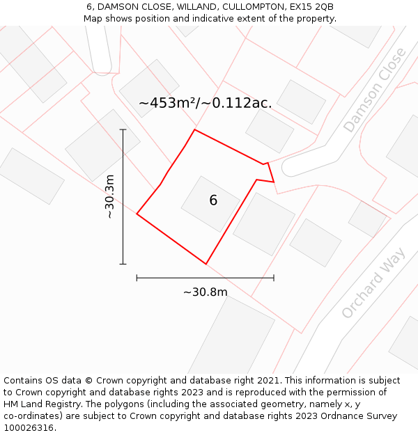 6, DAMSON CLOSE, WILLAND, CULLOMPTON, EX15 2QB: Plot and title map