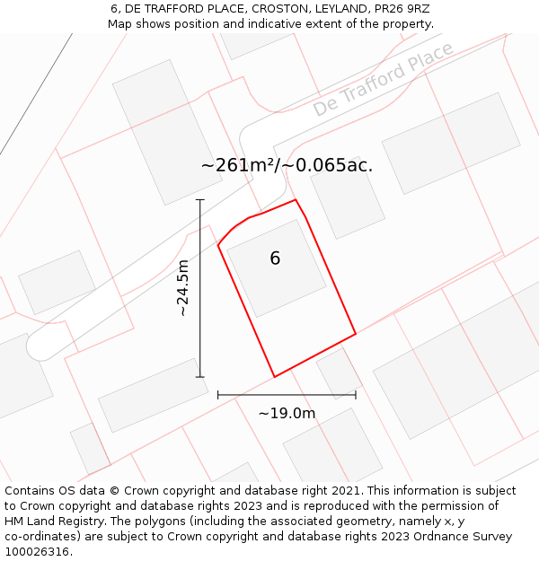 6, DE TRAFFORD PLACE, CROSTON, LEYLAND, PR26 9RZ: Plot and title map