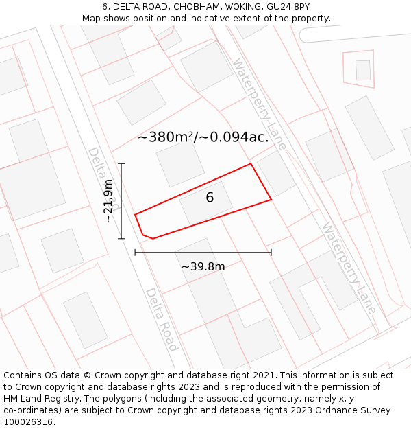 6, DELTA ROAD, CHOBHAM, WOKING, GU24 8PY: Plot and title map