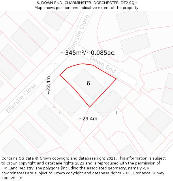 6, DOWN END, CHARMINSTER, DORCHESTER, DT2 9QH: Plot and title map