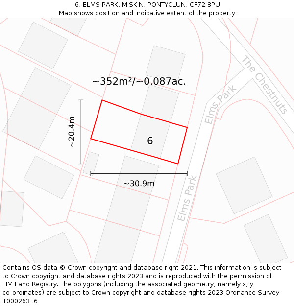 6, ELMS PARK, MISKIN, PONTYCLUN, CF72 8PU: Plot and title map