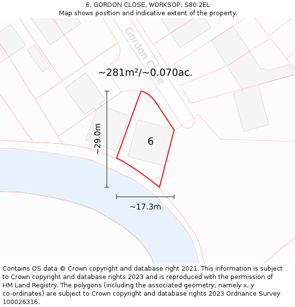 6, GORDON CLOSE, WORKSOP, S80 2EL: Plot and title map