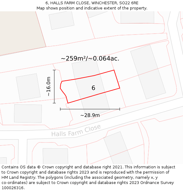 6, HALLS FARM CLOSE, WINCHESTER, SO22 6RE: Plot and title map