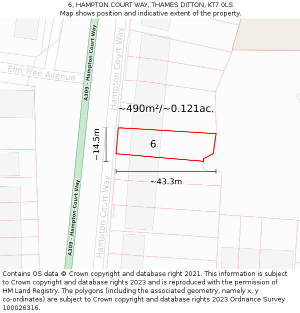 6, HAMPTON COURT WAY, THAMES DITTON, KT7 0LS: Plot and title map