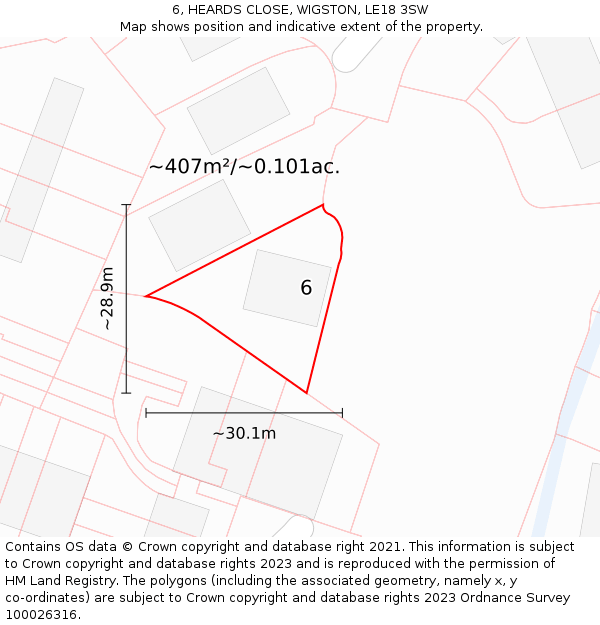 6, HEARDS CLOSE, WIGSTON, LE18 3SW: Plot and title map