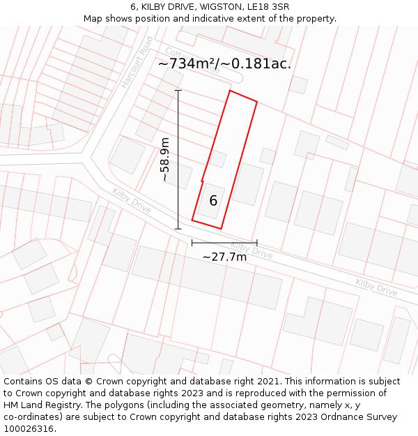 6, KILBY DRIVE, WIGSTON, LE18 3SR: Plot and title map