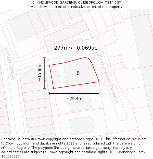 6, KINDLEWOOD GARDENS, GUISBOROUGH, TS14 6GT: Plot and title map