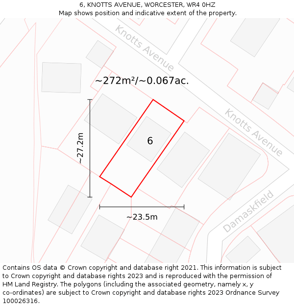 6, KNOTTS AVENUE, WORCESTER, WR4 0HZ: Plot and title map